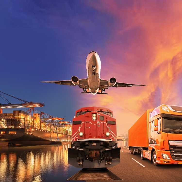 Multimodal logistics — aircraft, train and truck at sunset